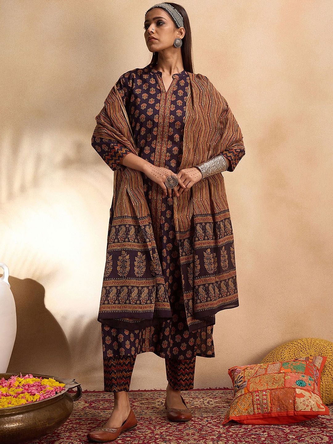 Indyancart IE Ethnic Motifs Printed Straight Pure Cotton Kurta with Trousers & Dupatta