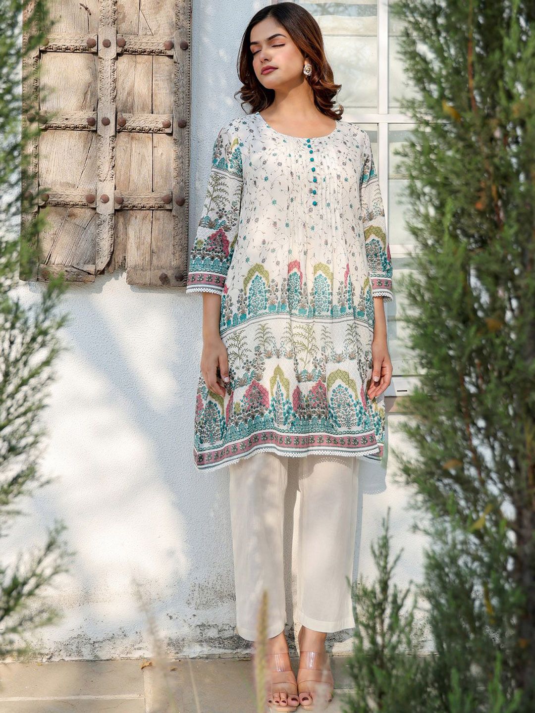 Dhiyona IE Floral Printed Pure Cotton Tunic With Trousers Co-Ords
