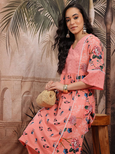 Indyancart SN Women's Floral Print Schiffli Embroidered Lace Insert Detail Pure Cotton Kurta & Trousers