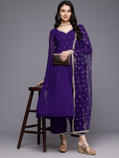 Indyancart VA Embroidered Empire Zari Kurta With Palazzos & Dupatta
