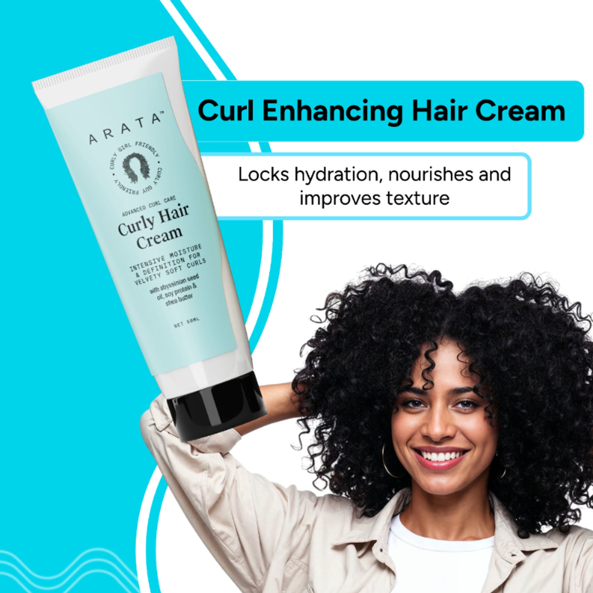 Arata Curly Hair Cream For Definition With Abyssinian Seed Oil, Soya Protein & Shea Butter