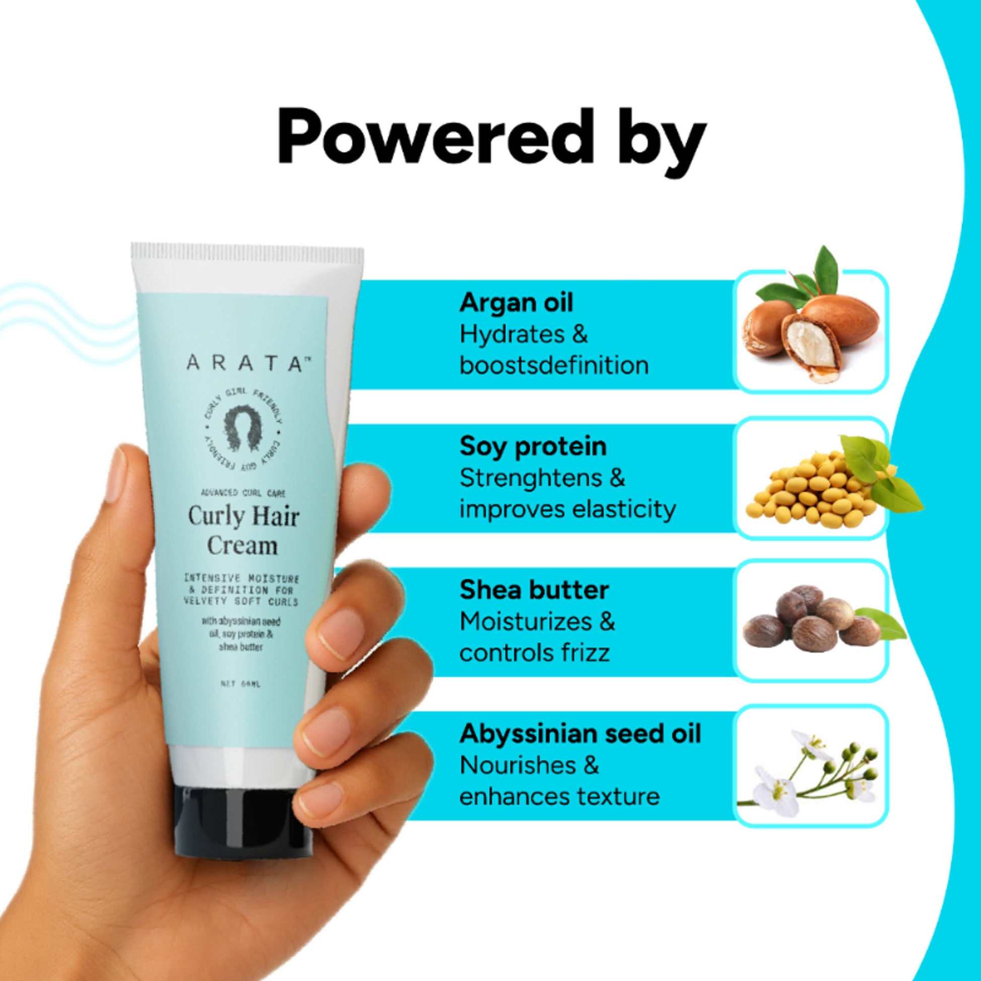Arata Curly Hair Cream For Definition With Abyssinian Seed Oil, Soya Protein & Shea Butter