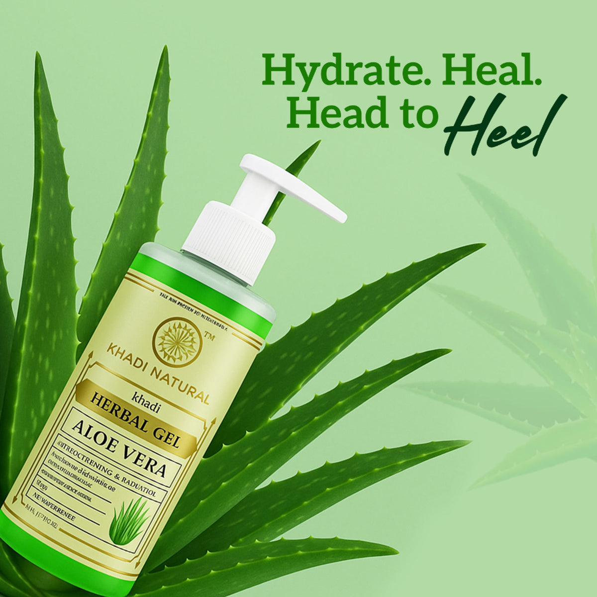 Khadi Natural Aloe Vera Gel with dispenser, showing clear gel in a bottle, used for skin breakouts, itch relief, and hair nourishment