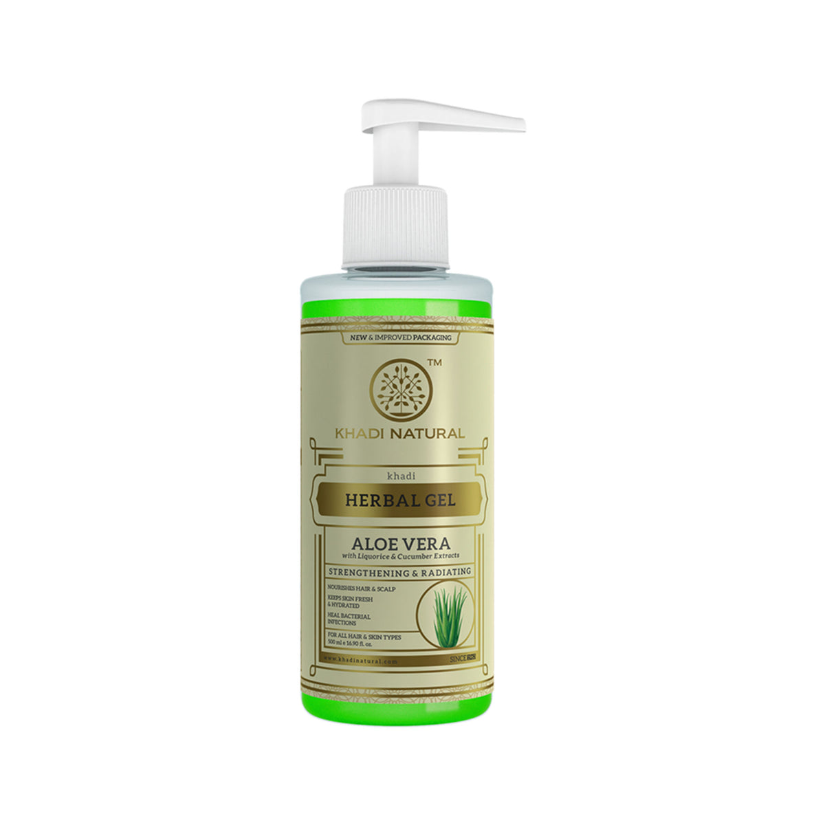 Khadi Natural Aloe Vera Gel with dispenser showing clear gel in a tube, ideal for soothing skin, breakouts, and hair nourishment.