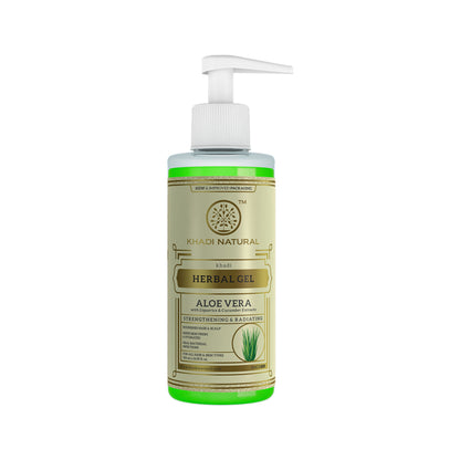 Khadi Natural Aloe Vera Gel with dispenser showing clear gel in a tube, ideal for soothing skin, breakouts, and hair nourishment.