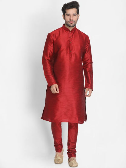Men's Maroon Silk Blend Straight Jacket  Kurta and Pyjama Set