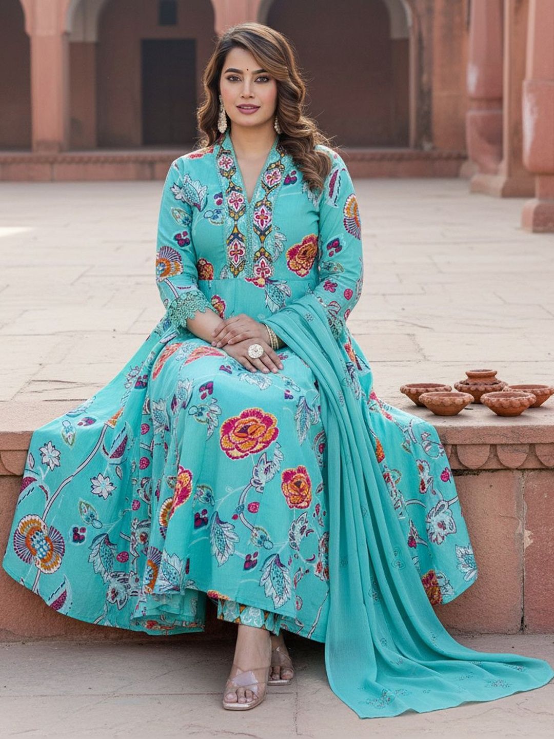 Women Floral Printed Panelled Pure Cotton Kurta with Trousers & With Dupatta