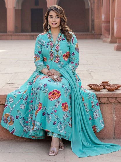 Women Floral Printed Panelled Pure Cotton Kurta with Trousers & With Dupatta