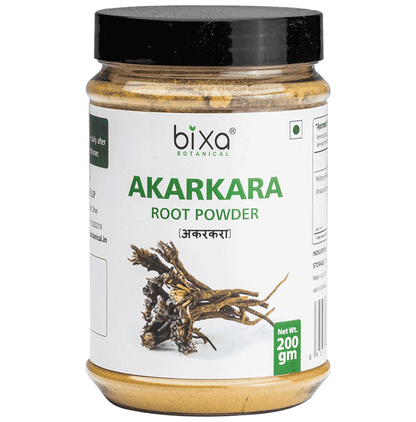 Bixa Botanical Akarkara powder in a clear glass jar, showcasing the light brown Ayurvedic powder inside.