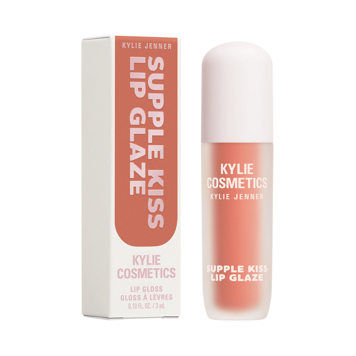Kylie Cosmetics Supple Kiss Lip Glaze in All Yours, clear lip gloss with a shiny finish, displayed in a sleek tube.