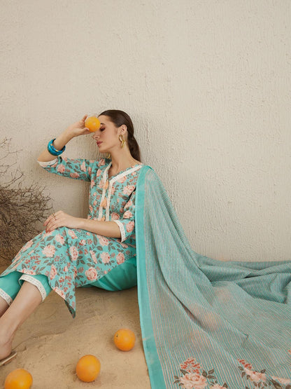 Dhiyona IE Floral Printed Mirror Work Pure Cotton Straight Kurta with Trousers & Dupatta