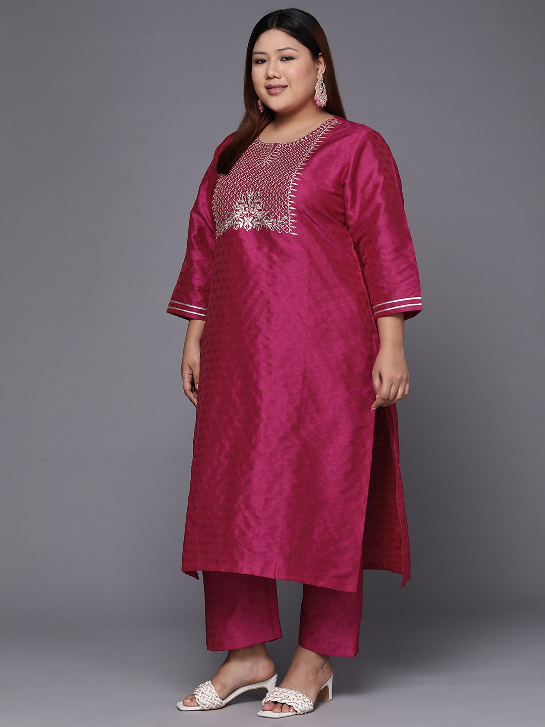 Indyancart VA Women's Magenta Floral Embroidered Kurta with Trousers & Dupatta