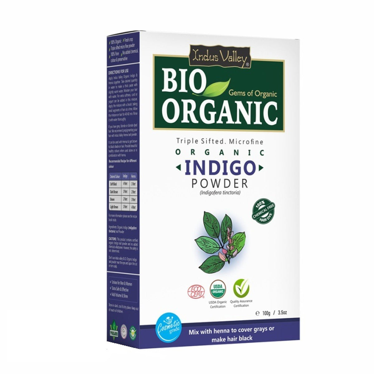 Indus Valley Bio Organic Indigo Powder, 100% Organic Natural Hair Coloring & Arrests Early Greying