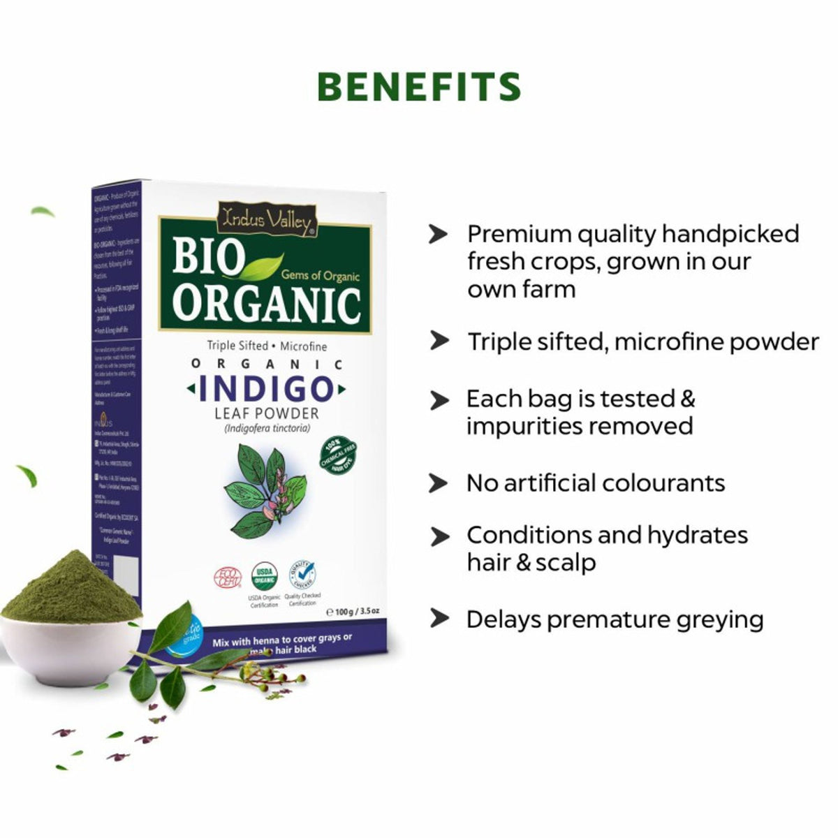 Indus Valley Bio Organic Indigo Powder, 100% Organic Natural Hair Coloring & Arrests Early Greying