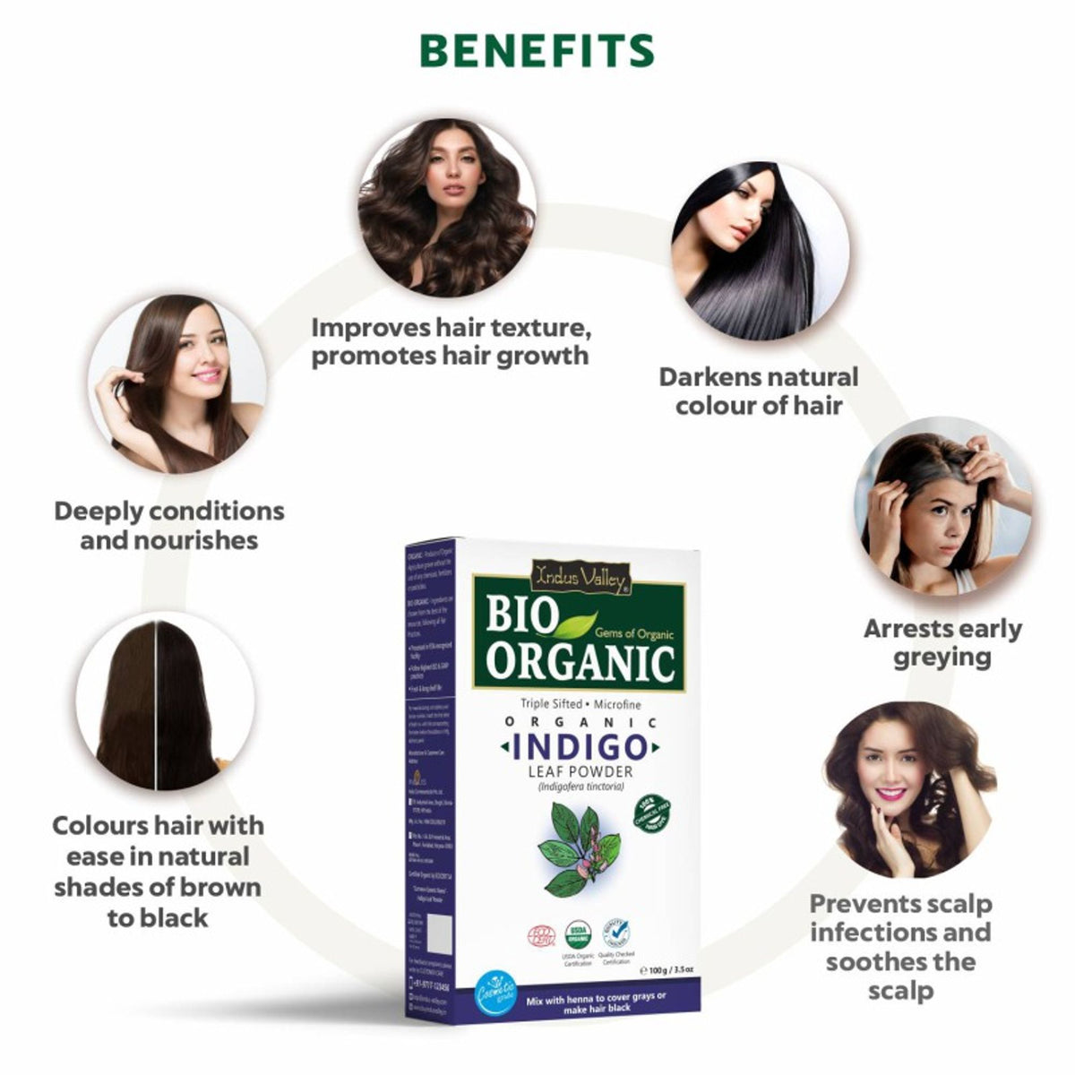 Indus Valley Bio Organic Indigo Powder, 100% Organic Natural Hair Coloring & Arrests Early Greying