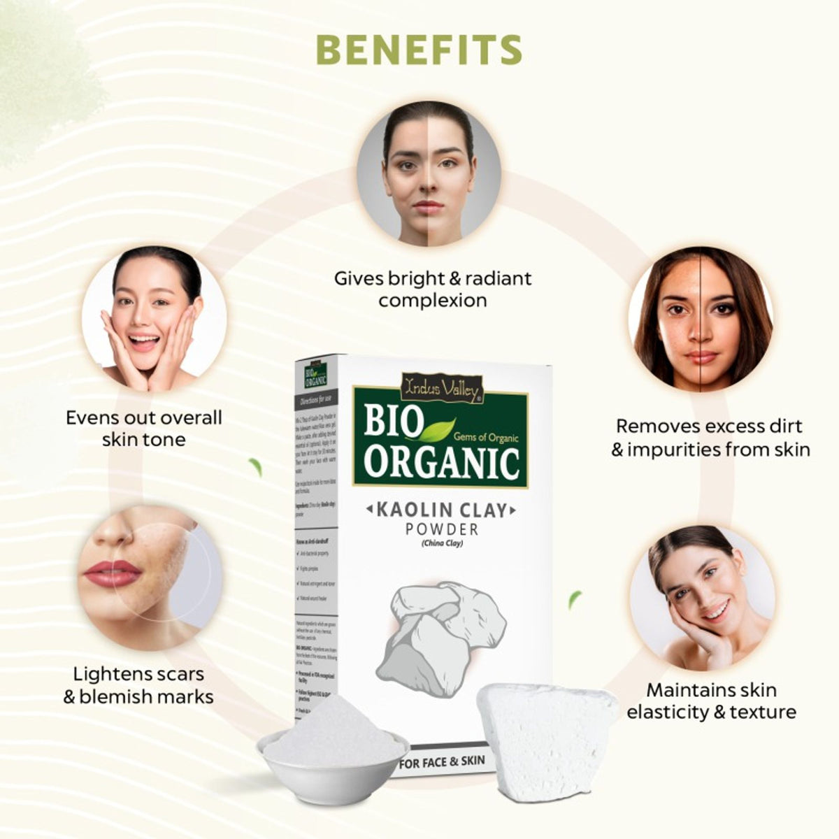 Indus Valley Kaolin Clay Powder gentle cleanser for oil control and skincare, showing a bowl of white clay powder on a wooden surface.