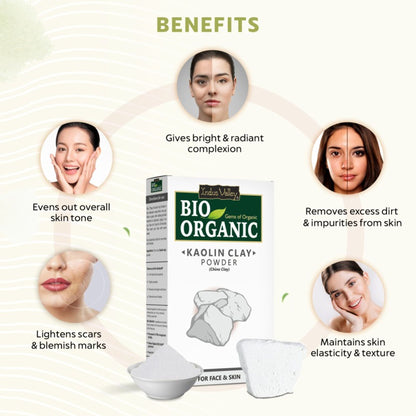 Indus Valley Kaolin Clay Powder gentle cleanser for oil control and skincare, showing a bowl of white clay powder on a wooden surface.