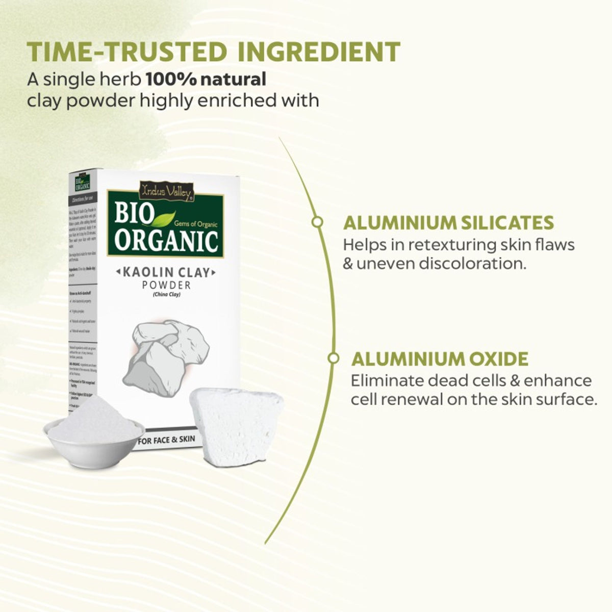 Indus Valley Kaolin Clay Powder Gentle Cleanser showing a jar of clay powder for oil control and skincare.