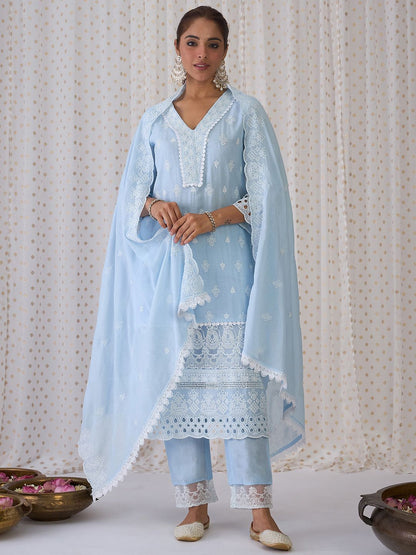 Blue Floral Embroidered Thread Work Pure Cotton Kurta With Trousers & Dupatta