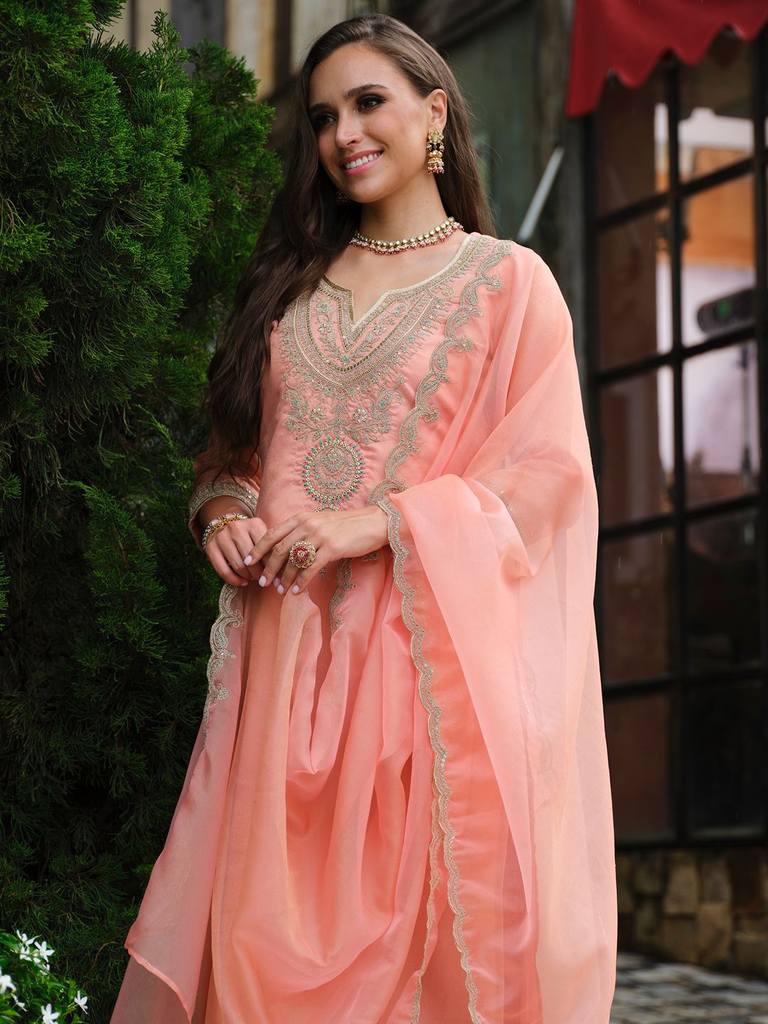 Indyancart IE Floral Yoke Design Notch Neck Straight Kurta With Trousers & Dupatta