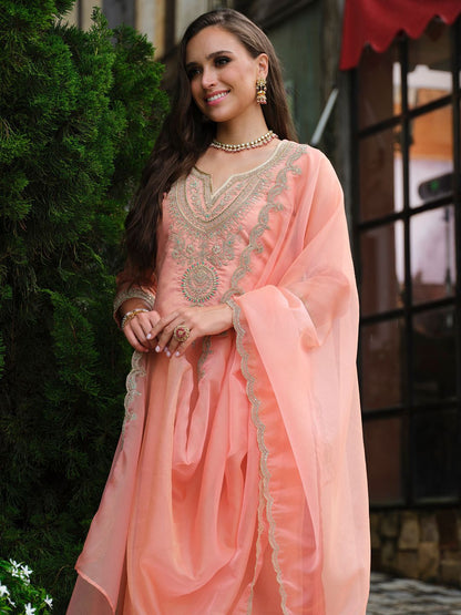 Indyancart IE Floral Yoke Design Notch Neck Straight Kurta With Trousers & Dupatta