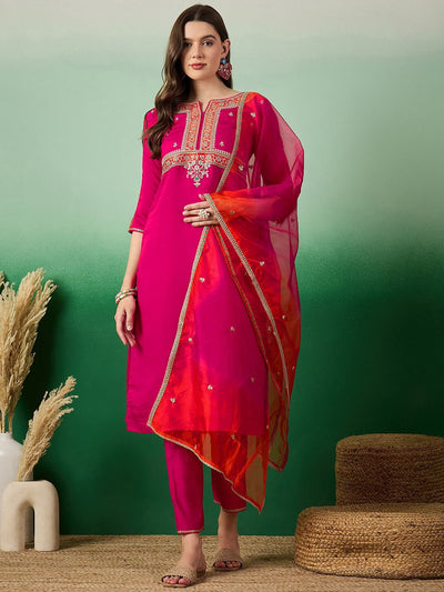 Indyancart SN Women's Notch Neck Embroidered Straight Kurta With Trouser & Dupatta Set