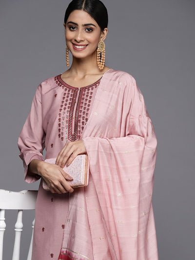 Indyancart VA Women's Pink Ethnic Motifs Embroidered Sequinned Kurta with Trousers & With Dupatta