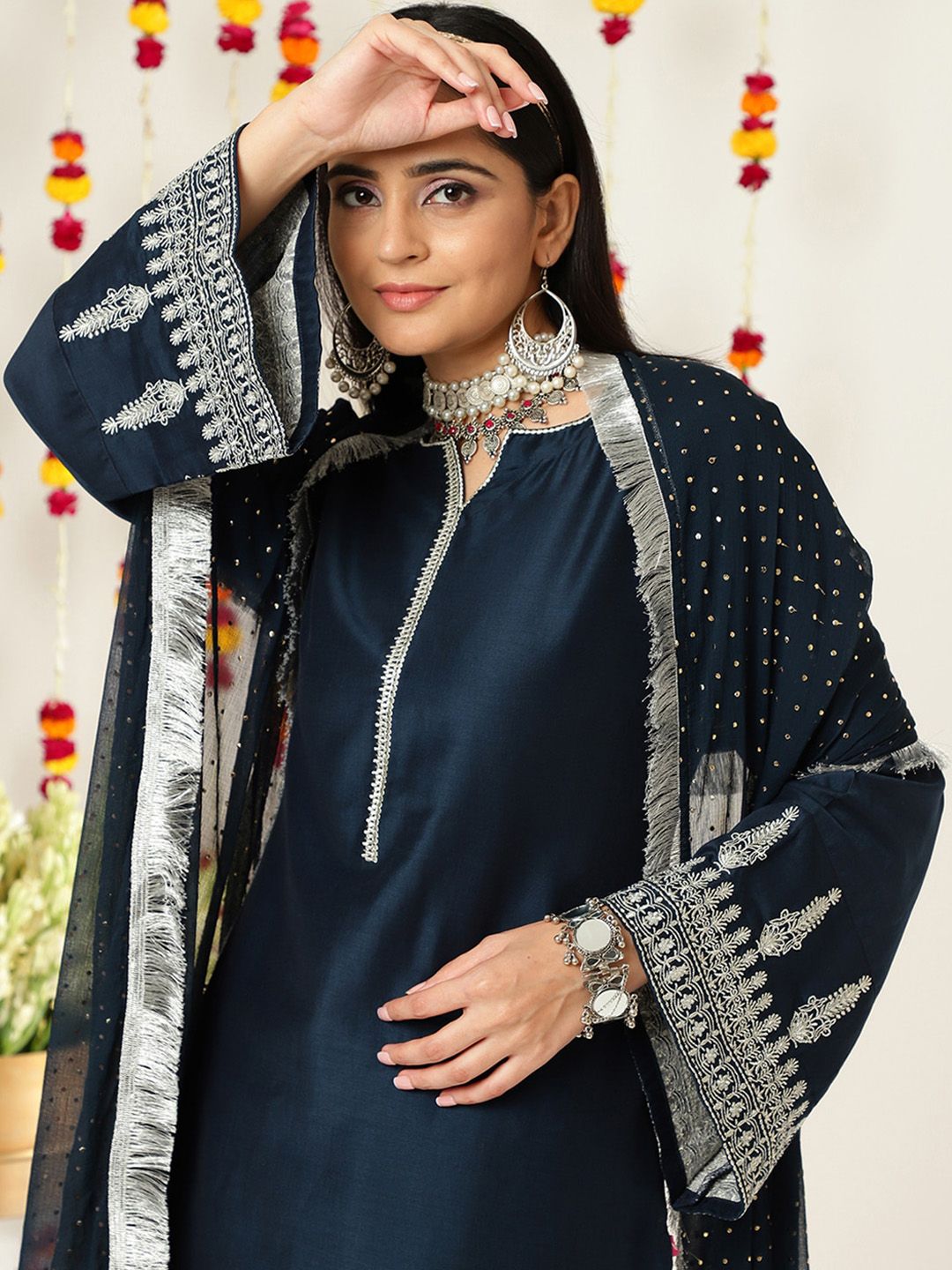 Indyancart VA Women'sEthnic Motifs Zari Embroidered Regular Kurta With Trousers & With Dupatta