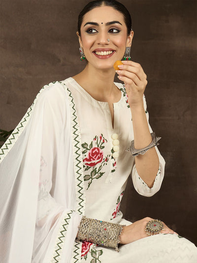 Indyancart IE Women Floral Printed Cotton Kurta with Trousers & With Dupatta