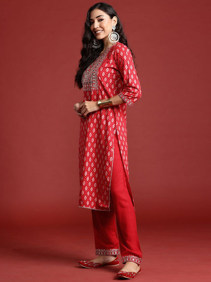 Indyancart IE Printed Mirror Work Kurta With Trousers & Dupatta