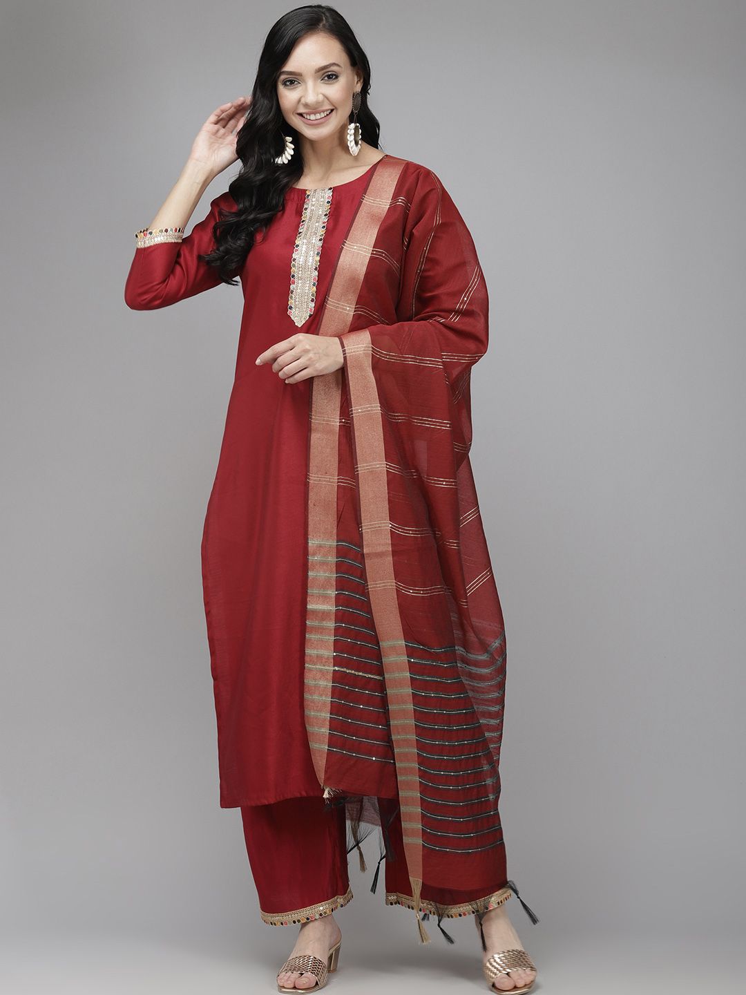 Indyancart IE Women Maroon Sequinned Liva Kurta with Palazzos & Dupatta