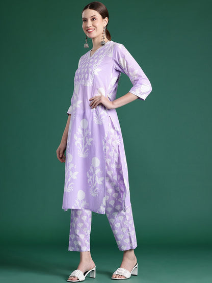 Indyancart IE Floral Printed Sequinned Pure Cotton Kurta With Trousers & Dupatta