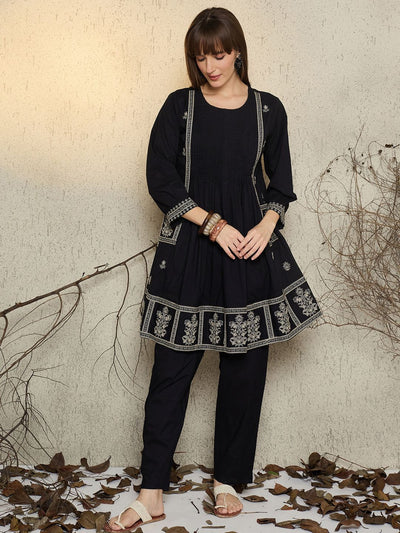 Dhiyona IE Women Ethnic Motifs Embroidered Pure Cotton A-Line Kurta with Pyjama
