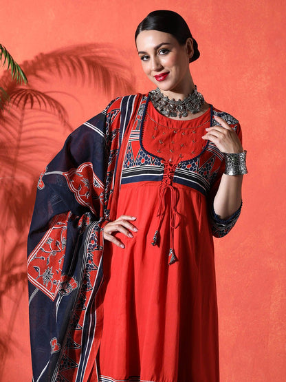 Indyancart SN Women's Floral Embroidered 100% Cotton Round Neck Kurta & Trousers With Dupatta