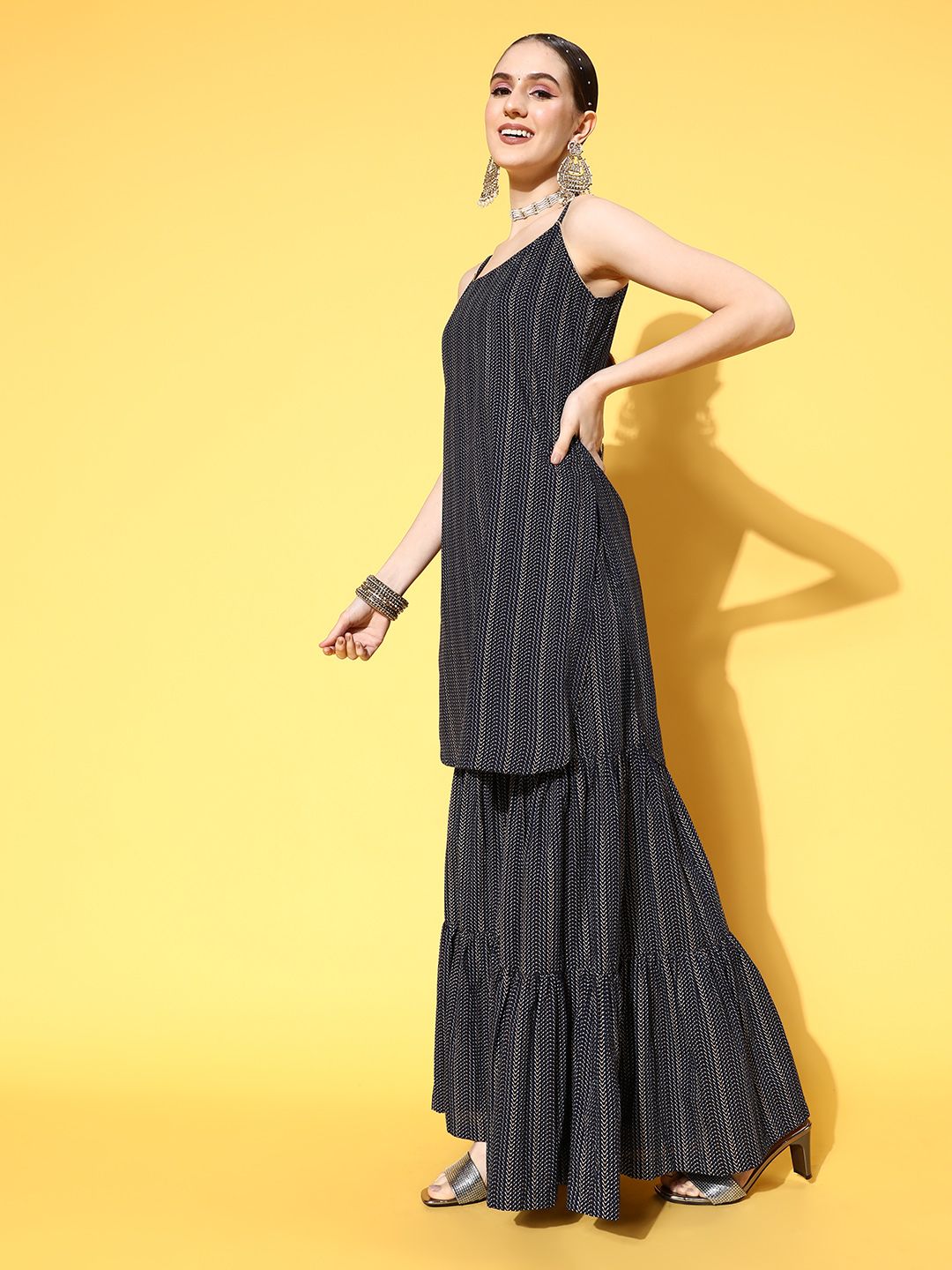 Indyancart IE Women Navy Blue Printed Pure Cotton Kurta with Sharara