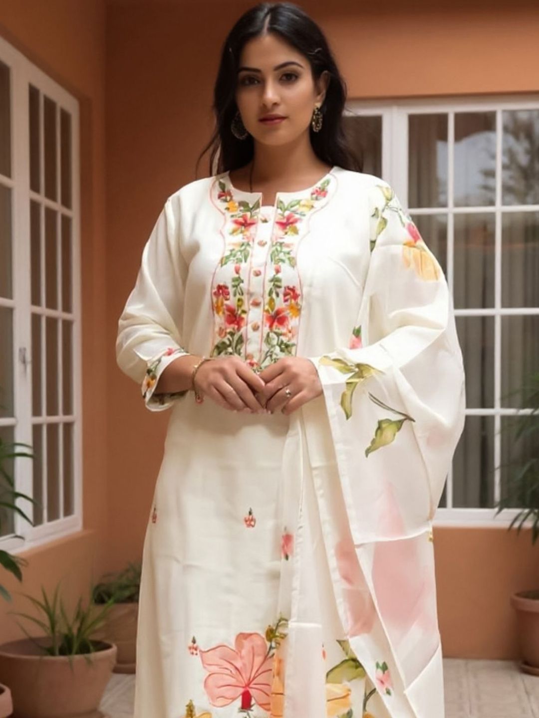 Floral Embroidered Thread Work Straight Kurta With Trousers & Dupatta