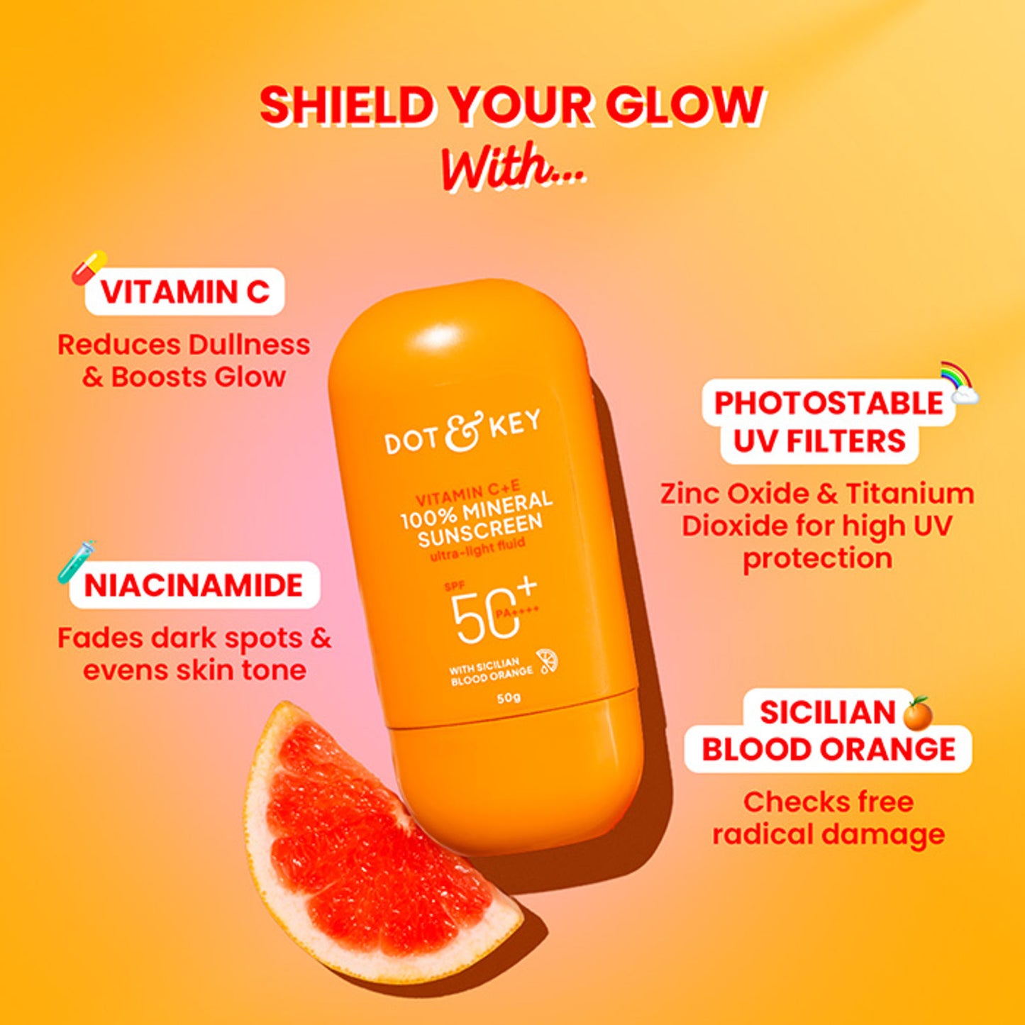 Dot & Key Vitamin C + E 100% Mineral Sunscreen In-Vivo Tested SPF 50+ PA++++, No White Cast