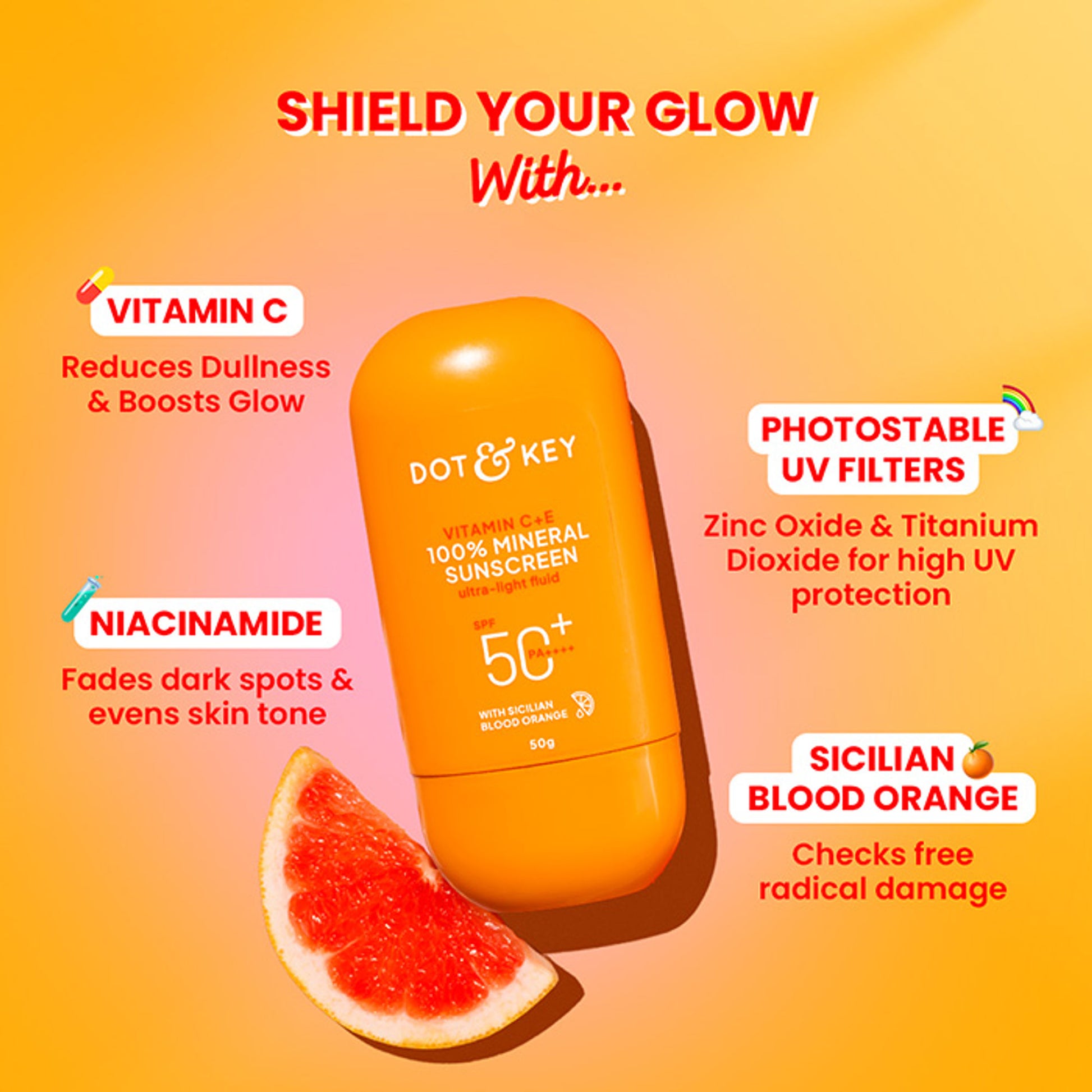 Dot & Key Vitamin C + E 100% Mineral Sunscreen In-Vivo Tested SPF 50+ PA++++, No White Cast