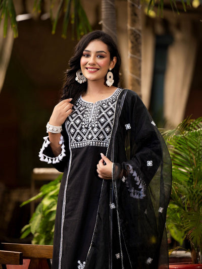 Indyancart VA Women'sEthnic Motif Thread Embroidered A-Line Kurta With Afghani Trousers & Dupatta