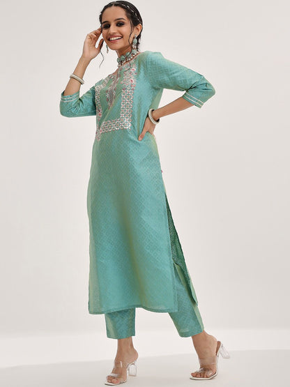 Indyancart VA Women'sFloral Yoke Design Gotta Patti Kurta & Trousers With Dupatta