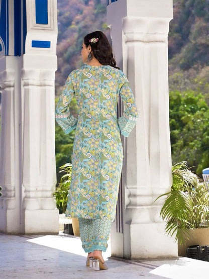 Indyancart VA Women'sFloral Printed Regular Mirror Work Pure Cotton Kurta With Trouser & Dupatta