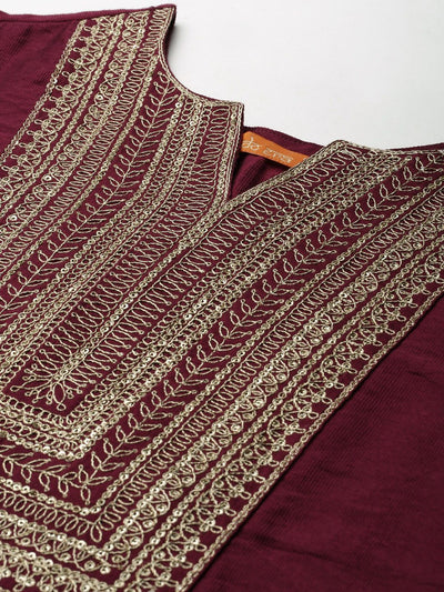 Dhiyona IE Burgundy & Gold Striped Yoke Thread Work Liva Straight Kurta Trousers & Dupatta