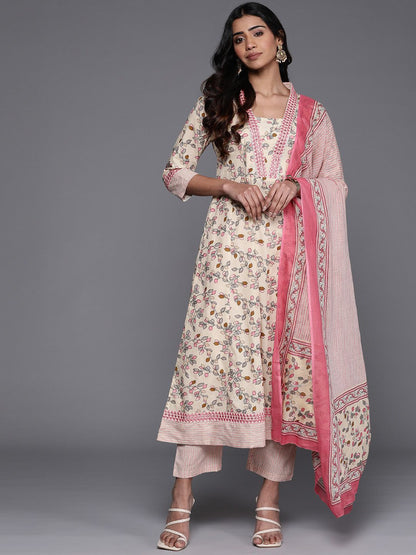 Indyancart VA Women'sFloral Printed Mirror Work Pure Cotton Kurta with Trousers & Dupatta