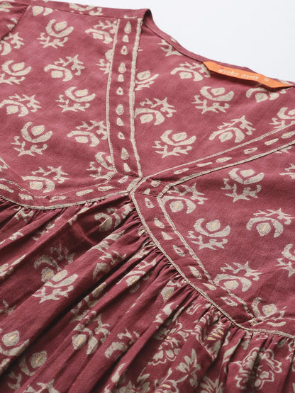 Indyancart IE Floral Printed Empire Pure Cotton Kurta with Trousers & With Dupatta
