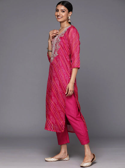 Indyancart VA Women's Fuchsia Bandhani Printed Regular Gotta Patti Kurta with Trousers & With Dupatta