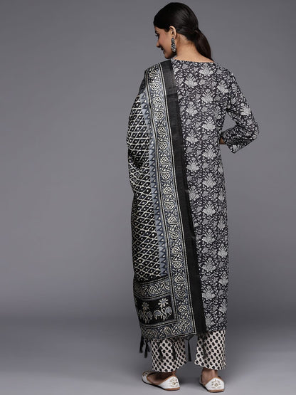 Indyancart VA Women's Black Floral Printed Kurta with Trousers & Dupatta