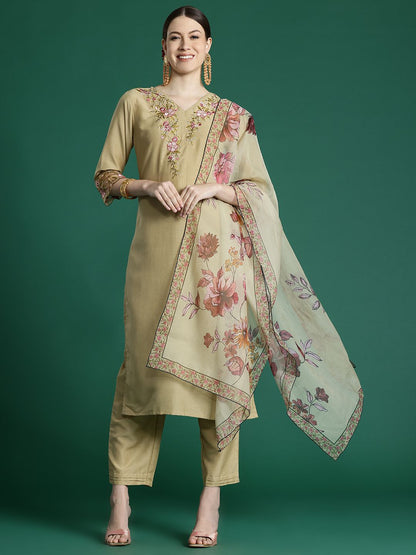 Indyancart IE Women Floral Embroidered Regular Thread Work Kurta with Trousers & With Dupatta