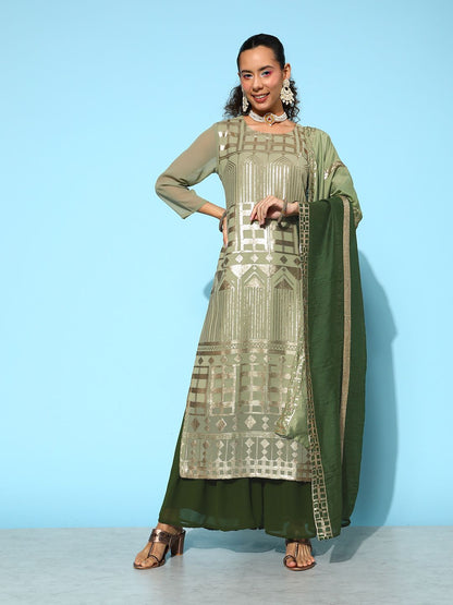 Indyancart VA Women's Green Embroidered Sequinned Kurta With Sharara & Dupatta