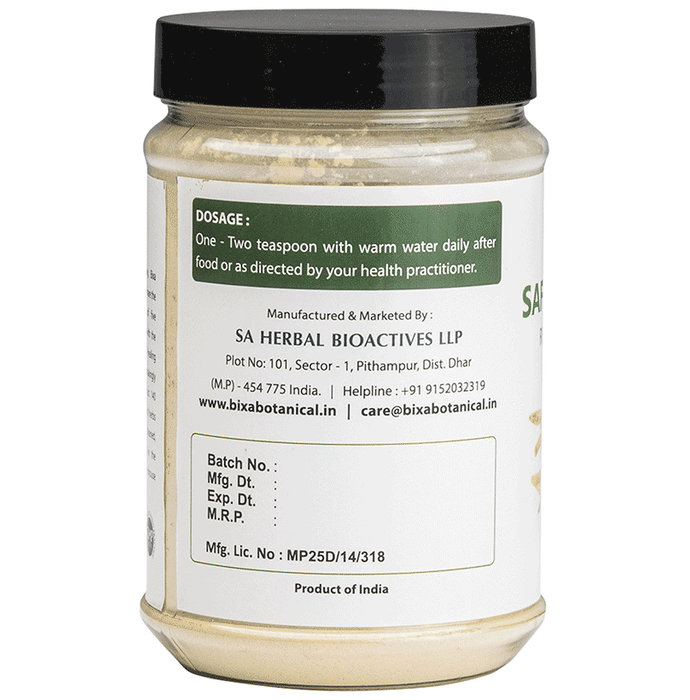 Bixa Botanical Safed Musli powder, Ayurvedic herbal supplement, in a clear container with a white powder inside.