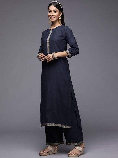 Dhiyona IE Women Navy Blue Ethnic Motifs Yoke Design Kurta with Palazzos & With Dupatta